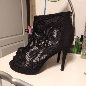 Black Lace Stiletto Ankle Peep Toe Booties sz 10
